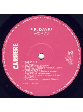 5000085	F.R. David – Words	"	Synth-pop, Disco"	1982	"	Carrere – CARS 67.920"	NM/EX+	Scandinavia	Remastered	1982