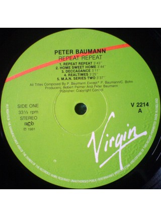 5000053	Peter Baumann – Repeat Repeat	"	Synth-pop"	1981	Virgin – V2214	EX/EX	Scandinavia	Remastered	1981
