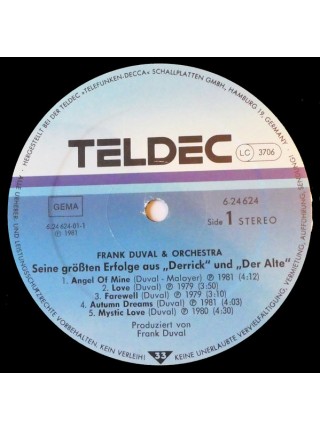 5000067	Frank Duval & Orchestra – Seine Größten Erfolge Aus "Derrick" Und "Der Alte"	"	Classical, Europop"	1981	TELDEC – 6.24624 AU	EX+/EX	Germany	Remastered	1981