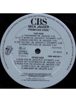 1403020		Mick Jagger ‎– Primitive Cool	Pop Rock	1987	CBS – CBS 460123 1, Rolling Stones Records – CBS 460123 1	EX+/NM	England	Remastered	1987