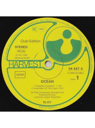 1403055		Eloy – Ocean   , Club Edition	Prog Rock	1977	Harvest – 34 427 5, EMI Electrola – 34 427 5	NM/EX+	Germany	Remastered	1977