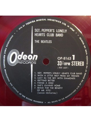 400370	Beatles	-Sgt. Pepper's Lonely Hearts Club Band (no OBI, RED VINYL),	1967/1967,	Odeon ‎– OP-8163 ,	Japan,	EX/NM