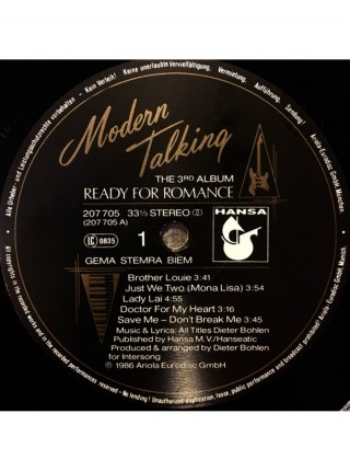 161227	Modern Talking – Ready For Romance - The 3rd Album	"	Euro-Disco, Synth-pop"	1986	"	Hansa – 207 705-630, Hansa – 207 705"	NM/NM	Europe	Remastered	1986