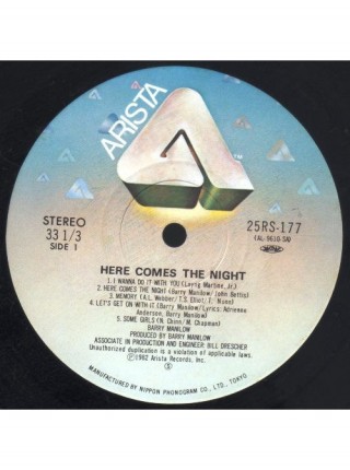 161149	Barry Manilow – Here Comes The Night	"	Pop Rock"	1982	"	Arista – 25RS-177"	NM/NM	Japan	Remastered	1982