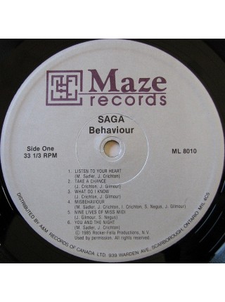 1402719		Saga ‎– Behaviour	Prog Rock, Pop Rock	1985	Maze Records ML 8010	NM/NM	Canada	Remastered	1985