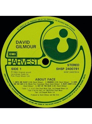 1402722	David Gilmour – About Face	Art Rock	1984	Harvest – SHSP 24-0079-1, Harvest – SHSP 24-0079-1(I), Harvest – SHSP 2400791	EX/EX	England