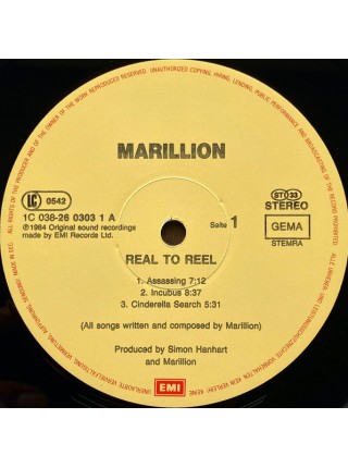 1403082		Marillion – Real To Reel	Symphonic Rock, Prog Rock	1984	EMI Electrola – 1C 038-26 0303 1, EMI – 1C 038 26 0303 1, EMI – 038 26 0303 1	EX+/NM	Europe	Remastered	1984