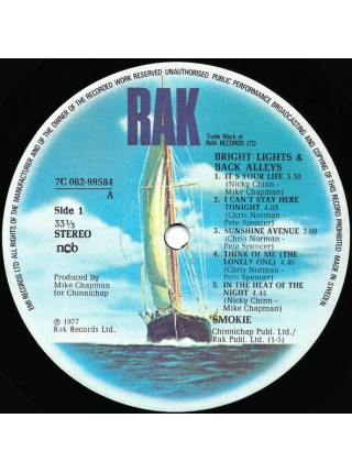 150689	Smokie – Bright Lights & Back Alleys	"	Soft Rock, Pop Rock"	1977	"	RAK – 7C 062-99584"	NM/NM   Sweden