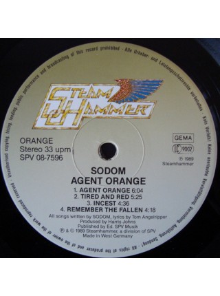 1402426	Sodom ‎– Agent Orange	Thrash, Speed Metal	1989	Steamhammer ‎– SPV 08-7596, Steamhammer ‎– 08-7596	NM/EX	Europe