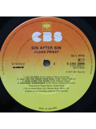1404042		Judas Priest ‎– Sin After Sin	Hard Rock	1977	CBS – CBS 32005, CBS – 32005	NM/NM	Europe	Remastered	1986
