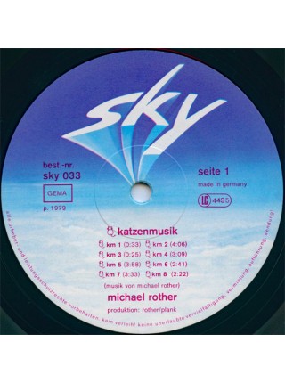 1401660		Michael Rother – Katzenmusik	Electronic, Ambien, Kraurock	1979	Sky Records – sky 033, Sky Records – sky LP 033	NM/NM	Germany	Remastered	1979