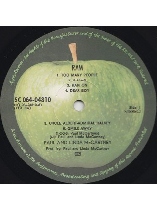 3000075		Paul And Linda McCartney – Ram	"	Pop Rock"	1971	Apple Records – 5C 064-04 810, Apple Records – 5C 064-04810	EX+/EX+	Netherlands	Remastered	1971