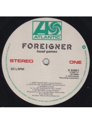 3000073		Foreigner – Head Games	"	Pop Rock, Arena Rock"	1979	"	Atlantic – K50651, Atlantic – K 50651"	EX/EX+	England	Remastered	1979