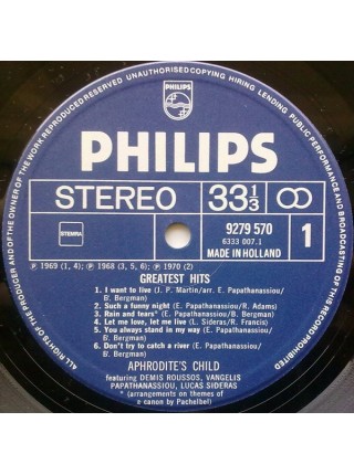 400985	Aphrodite's Child – Greatest Hits		1979	Philips – 9279 570	EX/VG+	Netherlands