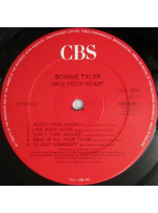 5000125	Bonnie Tyler – Hide Your Heart, vcl.	"	Pop Rock"	1988	"	CBS – 460125 1"	EX+/EX+	Europe	Remastered	1988