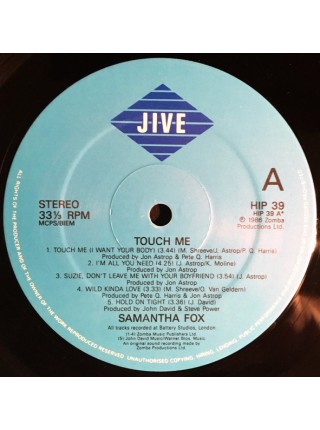 3000095		Samantha Fox – Touch Me	"	Synth-pop"	1986	"	Jive – HIP 39"	EX+EX+	England	Remastered	1986