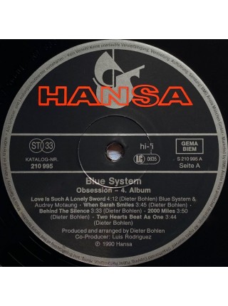 1403476		Blue System – Obsession	Electronic, Synth-Pop, Disco	1990	Hansa – 210 995	EX/EX	Europe	Remastered	1990