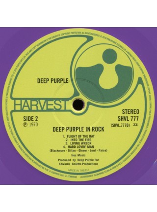 35010006	 Deep Purple – Deep Purple In Rock	" 	Hard Rock"	Purple, 180 Gram, Gatefold, Limited	1970	" 	Harvest – SHVL 777, Harvest – 0190295565107"	S/S	 Europe 	Remastered	23.11.2018
