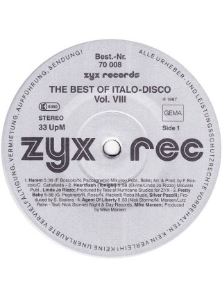 500893	Various – The Best Of Italo-Disco Vol. 8	"	Italo-Disco, Disco"	1987	"	ZYX Records – 70 008"	NM/NM	Germany