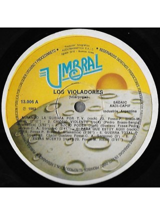 1402035	Los Violadores ‎– Los Violadores	Rock, Punk	1983	" 	Umbral – 13006, Umbral – 13.006"	EX/EX	Argentina