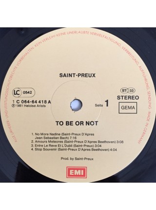 1401701		Saint-Preux ‎– To Be Or Not	Electronic, Rock, Pop, Classical	1981	EMI ‎– 1C 064-64 418	NM/EX	Germany	Remastered	1981