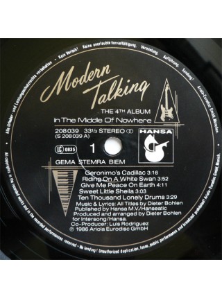 1401697	Modern Talking - In The Middle Of Nowhere - The 4th Album	Electronic, Synth-pop, Euro-Disco	1986	Hansa – 208 039, Hansa – 208 039-630	EX/NM	Germany