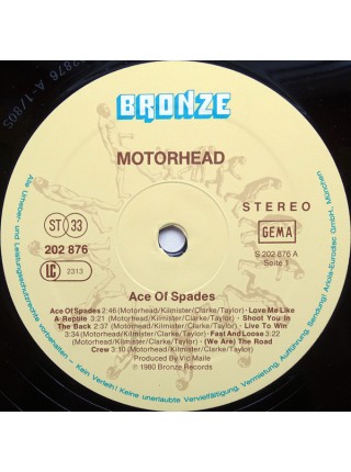 1403505		Motörhead (Motorhead) – Ace Of Spades	Heavy Metal	1980	Bronze – 202 876, Bronze – 202 876-320	EX+/EX+	Germany	Remastered	1980