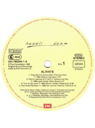 5000134	Hazell Dean – Always, vcl.	"	Hi NRG, Synth-pop"	1988	"	EMI Electrola – 064-7 90304 1"	EX+/EX+	Europe	Remastered	1988