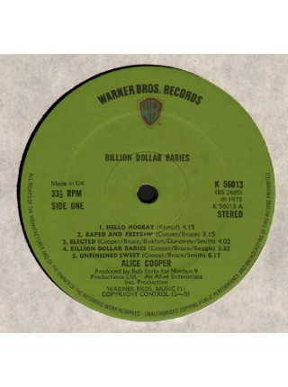 600330	Alice Cooper – Billion Dollar Babies		1973	Warner Bros. Records – K 56013	EX+/EX	UK