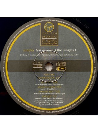 5000100	Sandra – Ten On One (The Singles), vcl.	"	Synth-pop, Euro-Disco"	1987	"	Virgin – 208 530, Virgin – 208 530-630"	EX+/EX	Europe	Remastered	1987