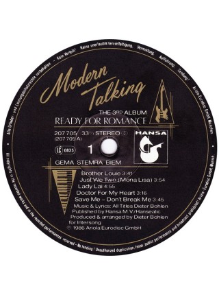 1402050		Modern Talking - Ready For Romance - The 3rd Album	Electronic, Synth-pop, Euro-Disco	1986	Hansa ‎– 207 705, Hansa ‎– 207 705-630	NM/NM	Europe	Remastered	1986