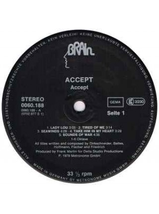 1404833		Accept ‎– Accept 		Heavy Metal	1979	Brain – 0060.188	EX/EX	Germany	Remastered	Repress