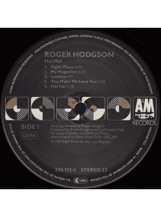 1402100	Roger Hodgson (ex  Supertramp)‎– Hai Hai  (слышены шипики несколько раз)	"	Pop Rock"	1987	A&M Records ‎– 395 112-1, A&M Records ‎– 395112-1	EX/EX	Europe