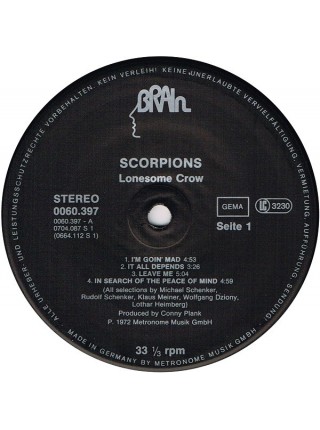 1402114	Scorpions – Lonesome Crow  (Re 1981)	Hard Rock, Heavy Metal	1972	Brain – 0060.397	NM/EX	Germany