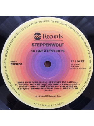 1402124	Steppenwolf – 16 Greatest Hits	Psychedelic Rock, Classic Rock	1973	ABC Records – 27 136 ET	NM/NM	Europe