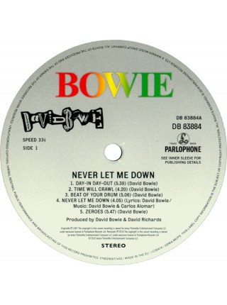 35008334	 David Bowie – Never Let Me Down	" 	Pop Rock"	1987	"	Parlophone – 0190295671433 "	S/S	 Europe 	Remastered	15.2.2019