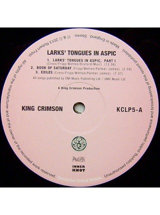 35003600		 King Crimson – Larks' Tongues In Aspic	" 	Prog Rock"	Black, 200 Gram	1973	" 	Discipline Global Mobile – KCLP 5"	S/S	 Europe 	Remastered	2013