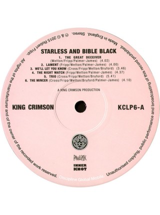 35003601		 King Crimson – Starless And Bible Black	" 	Prog Rock"	Black, 200 Gram	1974	" 	Discipline Global Mobile – KCLP6"	S/S	 Europe 	Remastered	2015