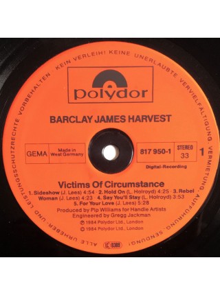 1403388		Barclay James Harvest – Victims Of Circumstance	Prog Rock, Symphonic Rock	1984	Polydor – 817 950-1	NM/NM	Germany	Remastered	1984