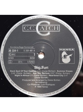 161039	C.C. Catch – Big Fun	"	Synth-pop, Euro-Disco"	1988	"	Hansa – 36 334-1, Sonocord – 36 334-1"	NM/EX+	Germany	Remastered	1988