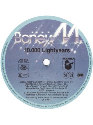 161038	Boney M. – Ten Thousand Lightyears	"	Disco, Europop, Synth-pop"	1984	"	Hansa – 206 555, Hansa – 206 555-620"	NM/EX+	Germany	Remastered	1984