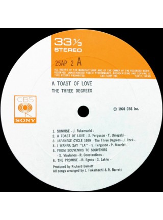 1404851		The Three Degrees ‎– A Toast Of Love	no OBI	Disco, Funk/Soul 	1976	CBS/Sony – 25AP 2	NM/NM	Japan	Remastered	1976