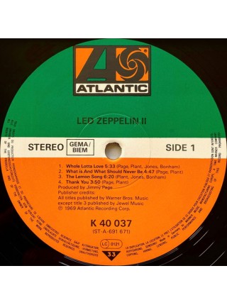 1403557		Led Zeppelin ‎– Led Zeppelin II  	Blues Rock, Classic Rock, Hard Rock 	1969	Atlantic – 40 037, Atlantic – K 40 037, Atlantic – SD 8236	NM/NM	Germany	Remastered	1991