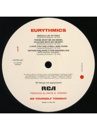 35014332	 Eurythmics – Be Yourself Tonight	" 	Synth-pop"	Black, 180 Gram	1985	" 	RCA – 19075811651"	S/S	 Europe 	Remastered	06.07.2018
