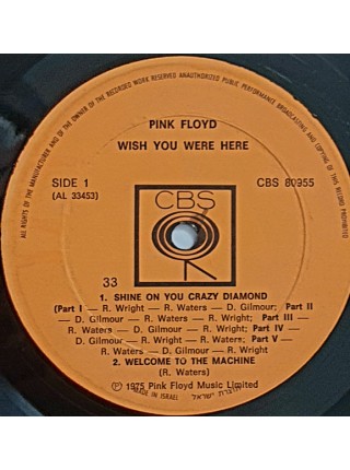 1402554	Pink Floyd - Wish You Were Here	Psychedelic Rock, Prog Rock	1975	CBS – CBS 80955, CBS – 80955	EX/NM	Israel