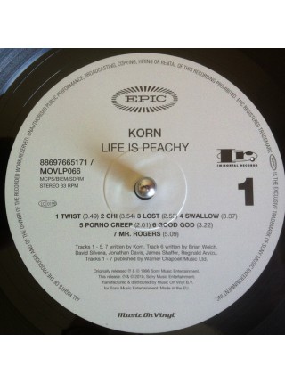 35014418	Korn – Life Is Peachy 	" 	Nu Metal"	Black, 180 Gram	1996	"	Music On Vinyl – MOVLP066 "	S/S	 Europe 	Remastered	26.03.2015