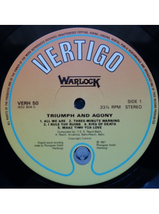 1403790		Warlock – Triumph And Agony	Heavy Metal	1987	Vertigo – 832 804-1	EX+/EX+	Germany	Remastered	1987