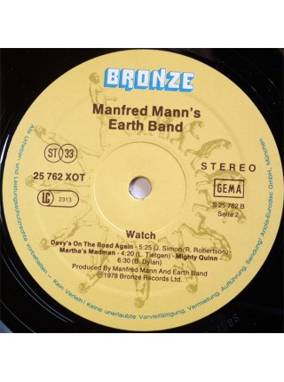 1403784		Manfred Mann's Earth Band ‎– Watch,  Textured Sleeve	Prog Rock, Pop Rock	1978	Bronze – 25 762 XOT	NM/NM	Germany	Remastered	1978