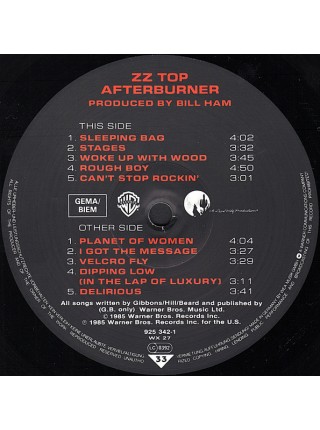 1402578	ZZ Top ‎– Afterburner	Blues Rock, Hard Rock, Pop Rock	1985	Warner Bros. Records – 925 342-1, Warner Bros. Records – WX 27,	NM/NM	Europe