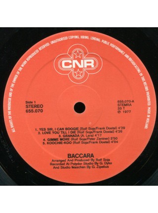 500578	Baccara – Baccara	Disco, Europop	1977	"	CNR – 655.070"	NM/EX	Netherlands